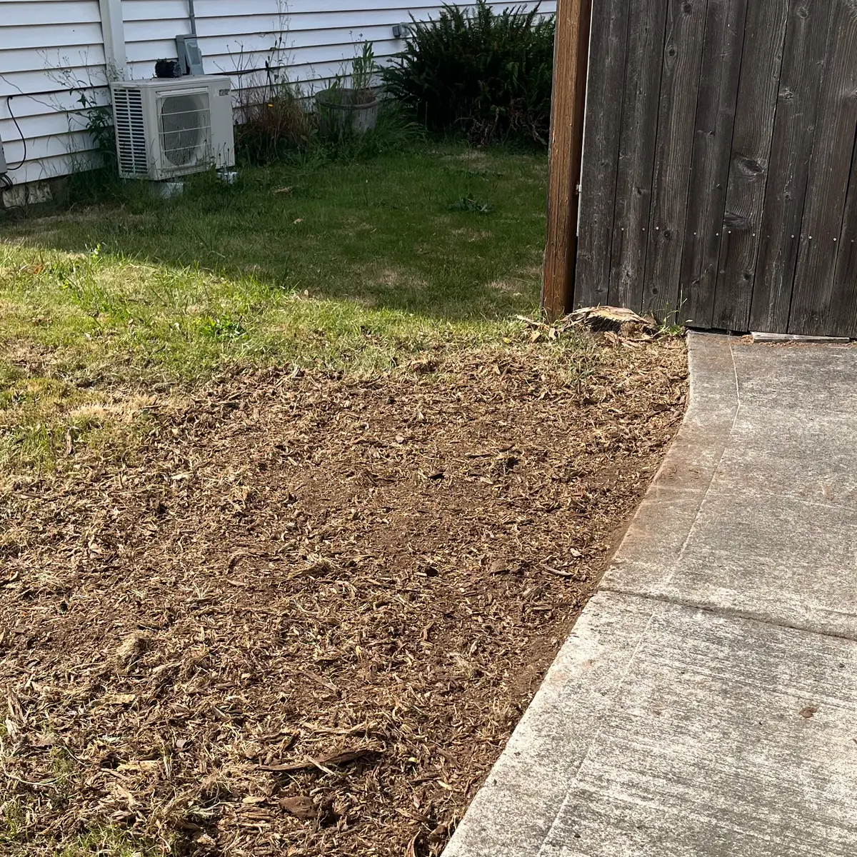 The same walkway after stump grinding, with the stump gone and the ground raked level